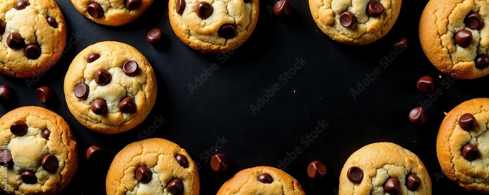 Obraz premium Golden brown chocolate chip cookies arranged in a frame against a stark black background , snack, brown