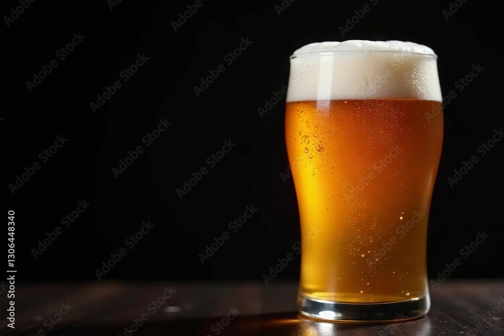 Golden beer, frothy head in clear glass Dark background , fresh, hops Golden beer, frothy head in clear glass Dark background , fresh, hops