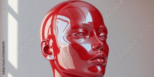 Glossy Red Mannequin Head with Reflective Surface and Features