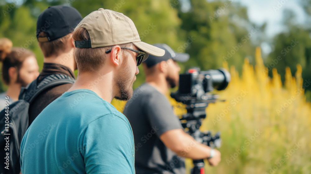 Fototapeta premium Behind the Scenes Filmmaking Outdoors Crew Collaborates in Natural Setting