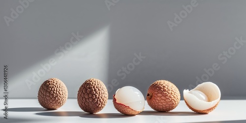 Fresh lychee fruit arrangement showcasing whole and peeled varieties on a clean surface.