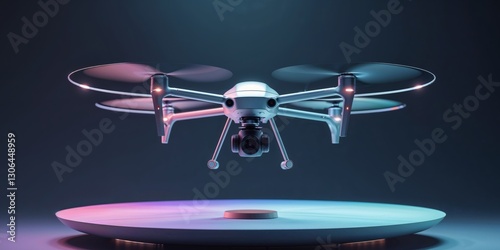 A Modern Drone Hovering Above a Illuminated Presentation Platform