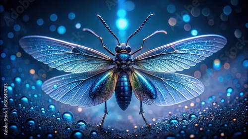 Enchanted iridescent insect with gossamer wings poised on a dew-kissed surface, a mystical nighttime scene