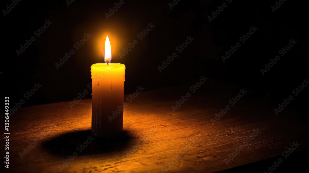 Dark room with single candle flickering on wooden table during power outage, symbolizing temporary darkness and reliance on alternative light sources. Dark room with single candle flickering on wooden table during power outage, symbolizing temporary darkness and reliance on alternative light sources.