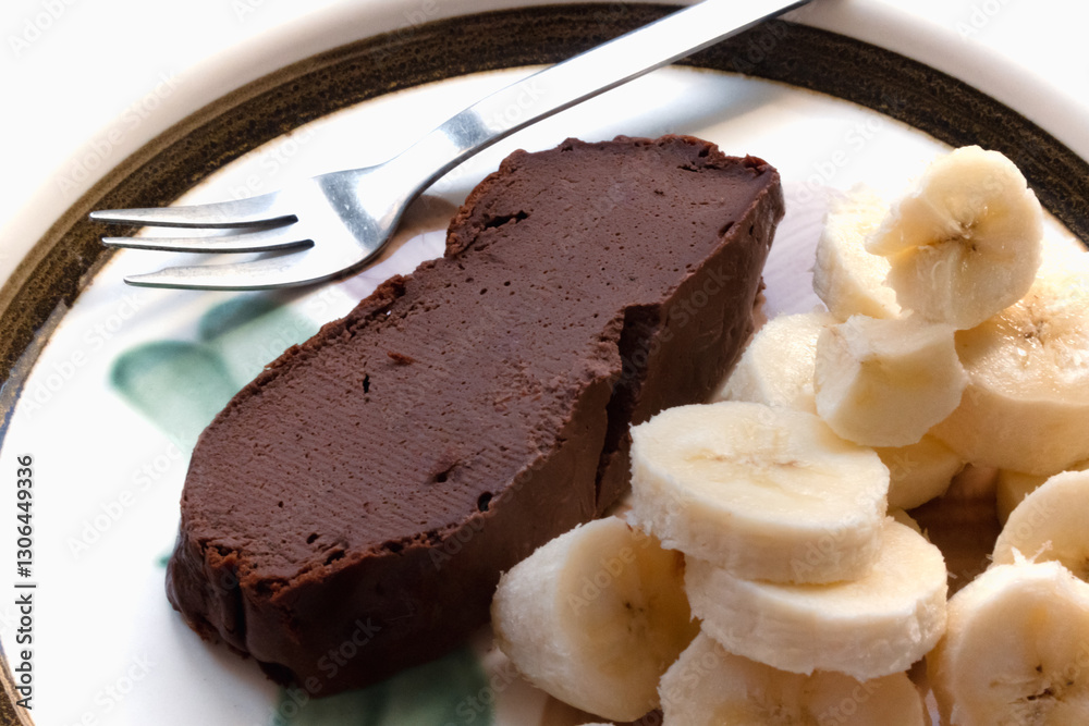 Skyr and chocolate cake, gluten free recipe with banana pieces, healthy food Skyr and chocolate cake, gluten free recipe with banana pieces, healthy food