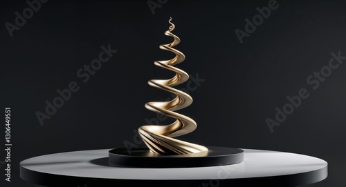 A gold spiral sculpture on a table with a black background.