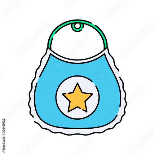 Baby Bib Flat design style, blue bib with a star emblem, representing baby feeding essentials, perfect for baby store promotions, food-related designs, and childcare graphics.