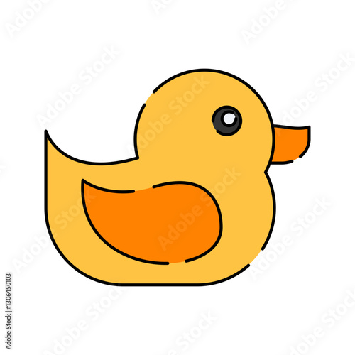 Rubber Duck Flat design style, yellow rubber duck with an orange beak, symbolizing bath toys, great for baby product packaging, childhood themes, and fun baby illustrations.