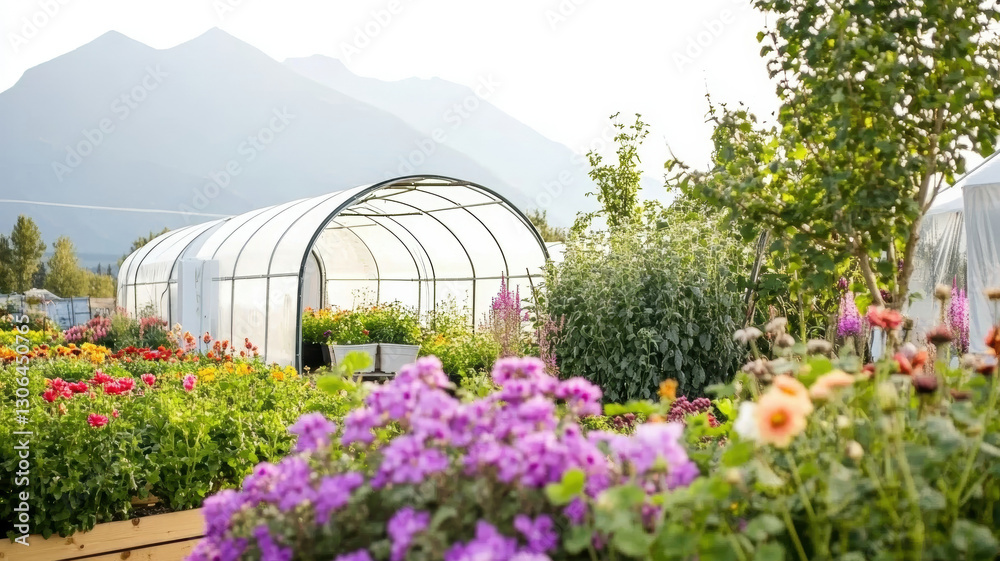 Vibrant Flower Garden with Greenhouse and Mountain Scenery Vibrant Flower Garden with Greenhouse and Mountain Scenery