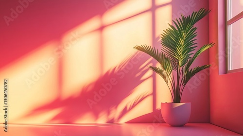 Vibrant Green Plant in Decorative Pot Against Soft Pink Wall Creating a Fresh and Stylish Atmosphere