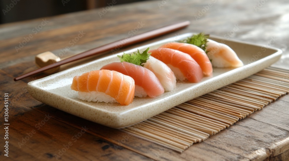 Sushi platter on wooden table Sushi platter on wooden table