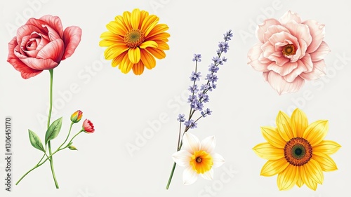 Floral Illustrations Roses Sunflowers Daisies Lavender Botanical Art