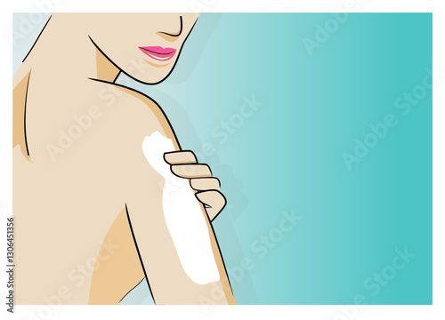 Beauty and aging: a young woman is using a skincare on her arm.