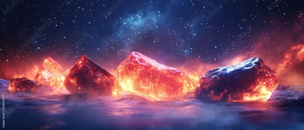 Fiery Lava Rocks on Alien Planet with Nebula Sky, Glowing Landscape of Volcanic Exoplanet in Deep Space, Concept of Extraterrestrial Geology and Cosmic Wonder Fiery Lava Rocks on Alien Planet with Nebula Sky, Glowing Landscape of Volcanic Exoplanet in Deep Space, Concept of Extraterrestrial Geology and Cosmic Wonder