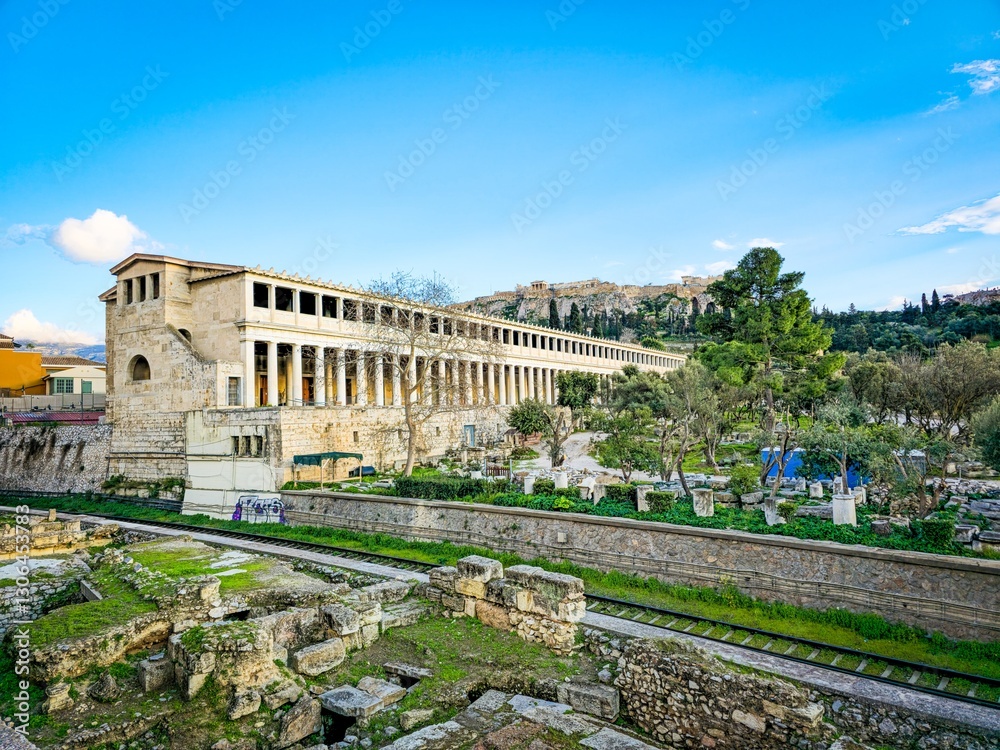Fototapeta premium Ancient agora showcases stunning architecture and rich history in vibrant daylight in Athens, Greece
