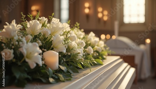 Close-up of modern coffin decorated with fresh white flowers, candles at funeral ceremony in church. Farewell to deceased. Organization of funerals, funeral service, burial, bye. Grieving moment.