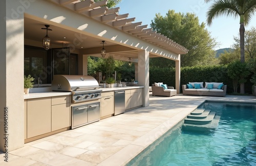 Outdoor kitchen with stainless steel grill near swimming pool on summer patio. Luxury house with modern furniture, stone floor, green garden, blue water. Barbecue area for backyard relaxation,