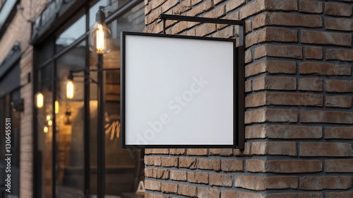 Minimalist blank square storefront sign mockup mounted on a rustic brick wall with warm ambient lighting. Ideal for retail branding, cafes, restaurants, and business signage presentations