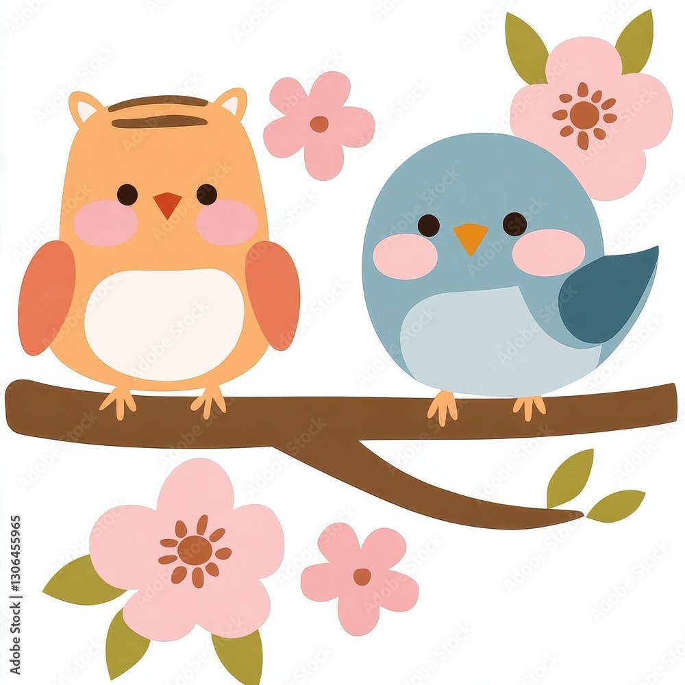 Fototapeta premium Two cute cartoon birds sitting on a branch, surrounded by pink flowers, creating a cheerful and vibrant spring atmosphere.