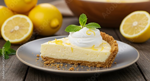 Wallpaper Mural A slice of creamy Lemon Tart, garnished with whipped cream and lemon zest, served on a rustic wooden table. This mouthwatering dessert is perfect for any occasion. Torontodigital.ca