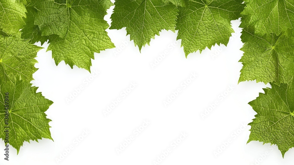 Green grape leaves frame, white background, nature, spring, food, design Green grape leaves frame, white background, nature, spring, food, design
