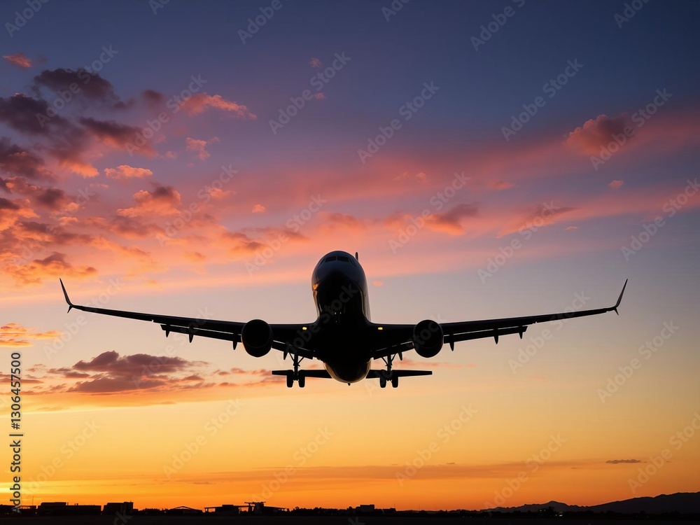 Airplane landing at airport against stunning sunset sky background, aviation, landing Airplane landing at airport against stunning sunset sky background, aviation, landing