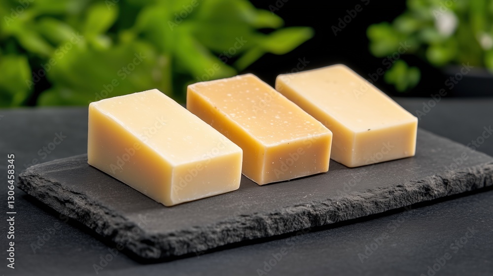 Three handmade organic soap bars on a black slate tray with green foliage in the background. Natural skincare concept Three handmade organic soap bars on a black slate tray with green foliage in the background. Natural skincare concept