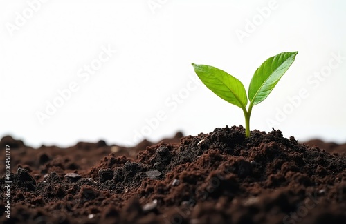 Green sprout in rich black soil against white backdrop. Seedling growing from earth new life, eco awareness, sustainable agriculture. Compost, humus enhance fertile ground. Organic gardening ensures photo