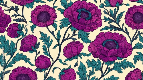Vibrant Floral Pattern with Bold Purple Flowers and Green Leaves