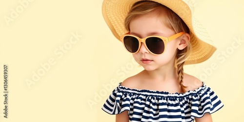 Cute little girl in a trendy summer outfit with denim shorts and a striped off-shoulder top, accessorized with sunglasses and a straw hat, off-shoulder, striped top