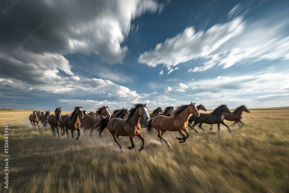 Fototapeta premium vast steppe with galloping wild horses, capturing the blur of movement as the horses sprint, the nature-infused colors of the steppe, and the imposing clouds in the background
