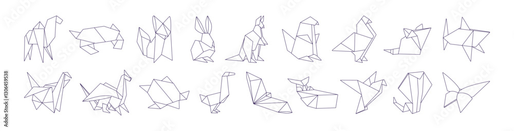 Fototapeta premium Outline set of origami. Different Japanese crafts, handmade animal shapes with folded paper. Contour geometric figures of cat, birds, crane. Line art isolated vector illustrations on white background
