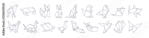 Outline set of origami. Different Japanese crafts, handmade animal shapes with folded paper. Contour geometric figures of cat, birds, crane. Line art isolated vector illustrations on white background