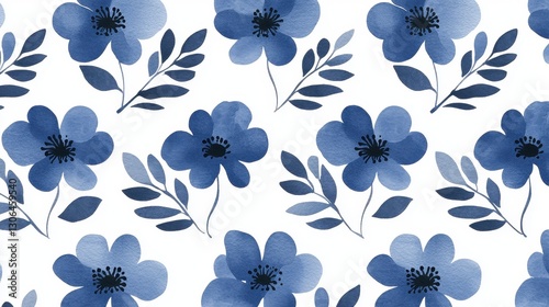 Blue Floral Pattern with Watercolor Flowers and Leaves Design
