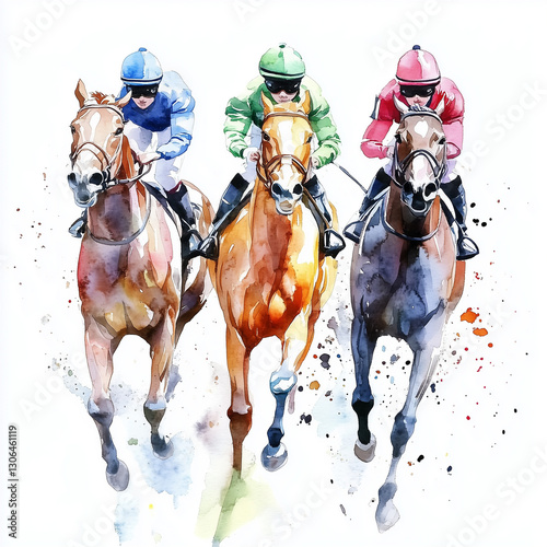 Illustration of the horse racing, running horses, soft watercolor tones, white background, detailed illustration, cartoonish.