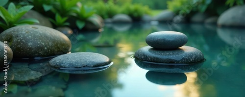 Peaceful water scene with zen stones submerged in calm pool, peaceful ambiance, reflective surface, serene environment