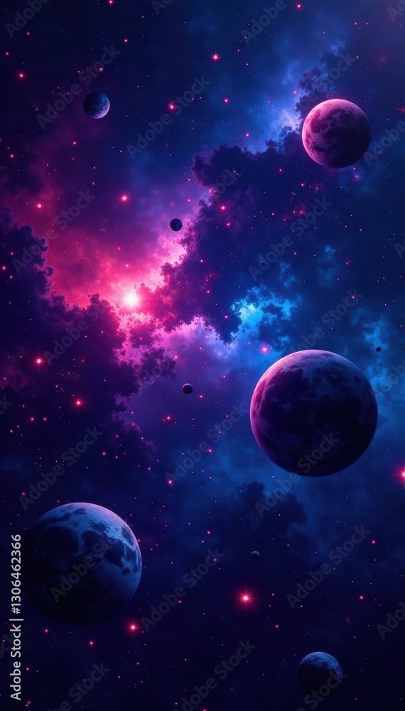 Dark space with neon stars and planets shining brightly, planets, colorful, space Dark space with neon stars and planets shining brightly, planets, colorful, space