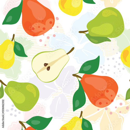 Fresh green whole and half pear, leaves, fruits on a white background. Doodle seamless texture. Minimal style. Vector handwriting illustration. Hand-drawn. Vegetarian food.