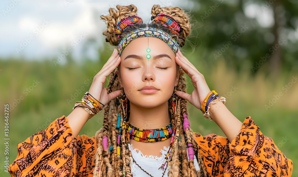 Fototapeta premium Young Woman in Bohemian Outfit Practicing Mindfulness Outdoors