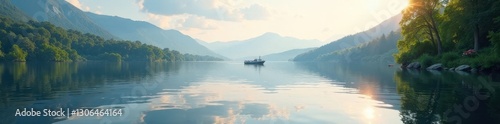 Peaceful lake scene with a boat in the distance, lake life, calm