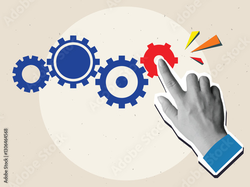 A hands touching a mechanism of gears. Modern collage style. Vector illustration