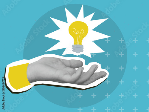 Black and white hand holding a burning light bulb. Modern collage style. Vector illustration
