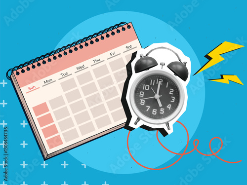 Ringing alarm clock with lightnings and calendar. Modern collage style. Vector illustration
