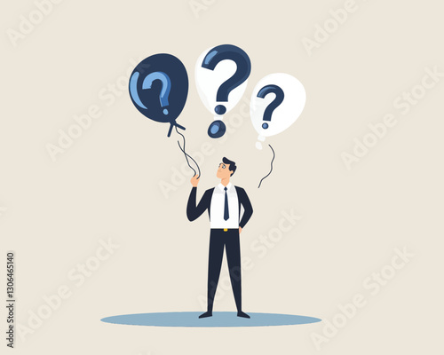 Businessman Exploring Solutions and Finding Answers with Question Mark Balloons, Problem Solving and Curiosity Concept in Flat Minimalist Style SVG Vector