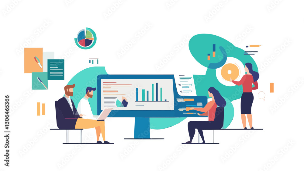 Obraz premium Business Analytics Team Collaborating on Marketing Strategy and Financial Reports in Office Setup, Teamwork and Data Visualization Concept
