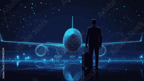 Digital 3D Man with Luggage Watching Airplane Take Off - Abstract Airport Departure Illustration in Low Poly Dark Blue Mesh - Air Travel and Tourism Concept