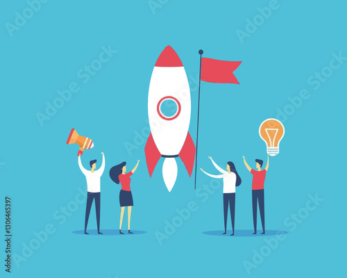 Entrepreneurship Concept with Rocket Launch and Business Team Holding Lightbulb and Winner Flag in Flat Minimalist Vector Illustration