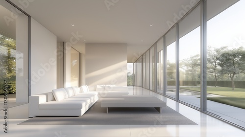 Modern living room with white furniture and panoramic windows. Luxury home interior