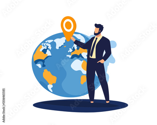 Business Global Expansion Strategy, CEO Pinpointing New Branch Locations on World Map, Expanding Franchise Worldwide, Flat Minimalist SVG Vector Illustration