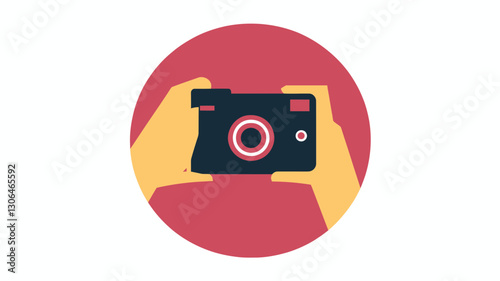 Modern Flat Design Camera Icon with Hands Holding Device, Illustration for Photography and Media Content Creation Concepts